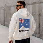 Australian man wears luxury oversized off white hoodie with image of the Great Bear logo and the Australia flag embroidered onto the back